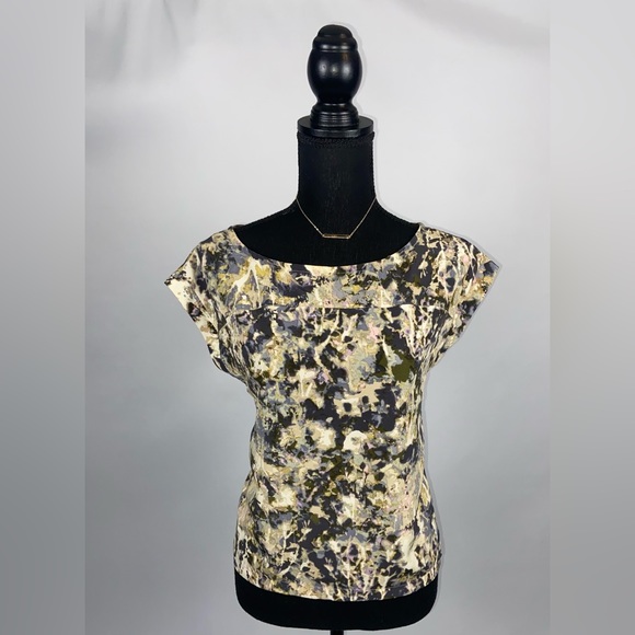 Blouse Top Abstract Size XS French Connection Olive Green & Tan - Picture 2 of 9